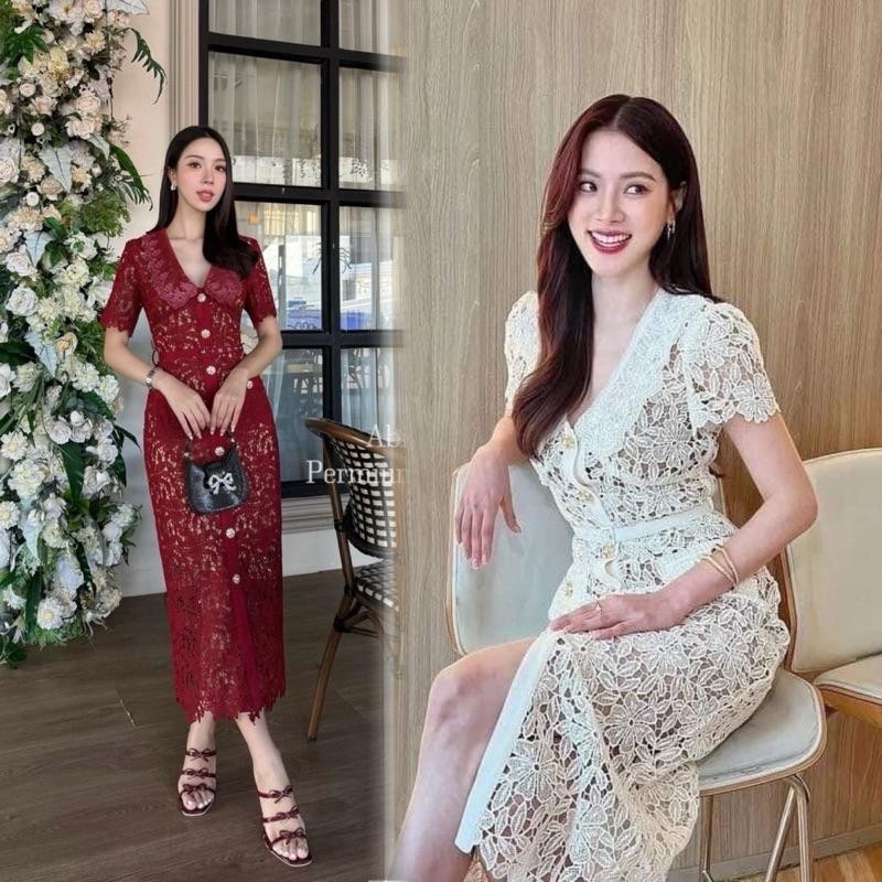 PT. พร้อมส่ง•ABIGAIL16 18 • Set เดรสลูกไม้กระดุมหน้า +ซับในมาพร้อมเข็มขัด PT.shop