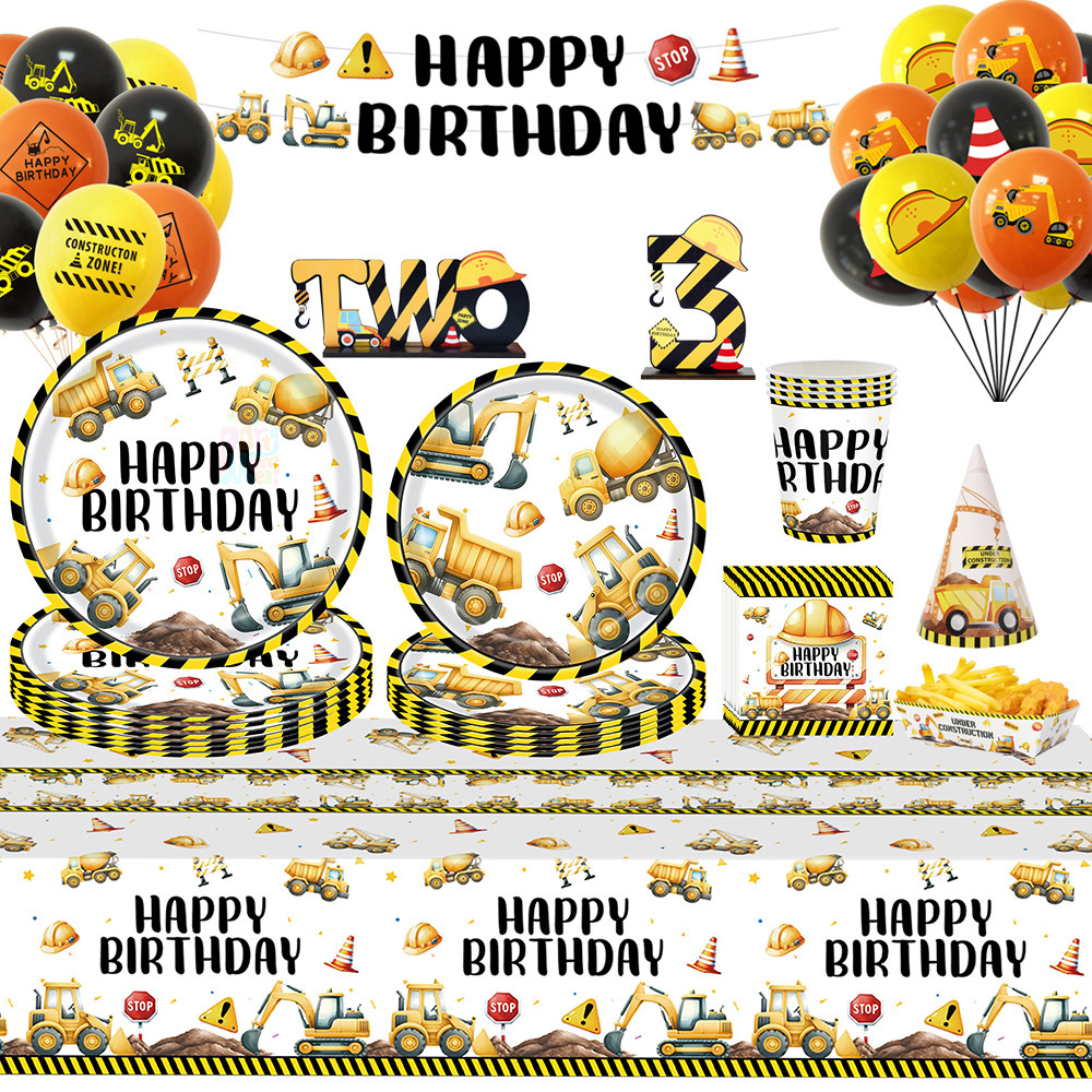 รถขุดรถแผ่นกระดาษถ้วยชุดอาหารเย็นสําหรับธีมก่อสร้างอุปกรณ์ตกแต่งงานเลี้ยงวันเกิด