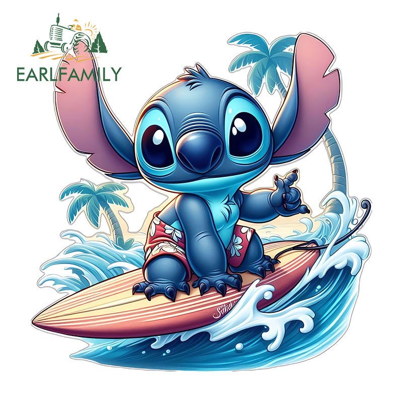 Earlfamily Stitch ท่องการ์ตูนรถสติกเกอร์ Occlusion Scratch Caravan สเก็ตบอร์ดกระเป๋าเดินทางไวนิล Decal กันน้ํา Amusing รถประตู Protector
