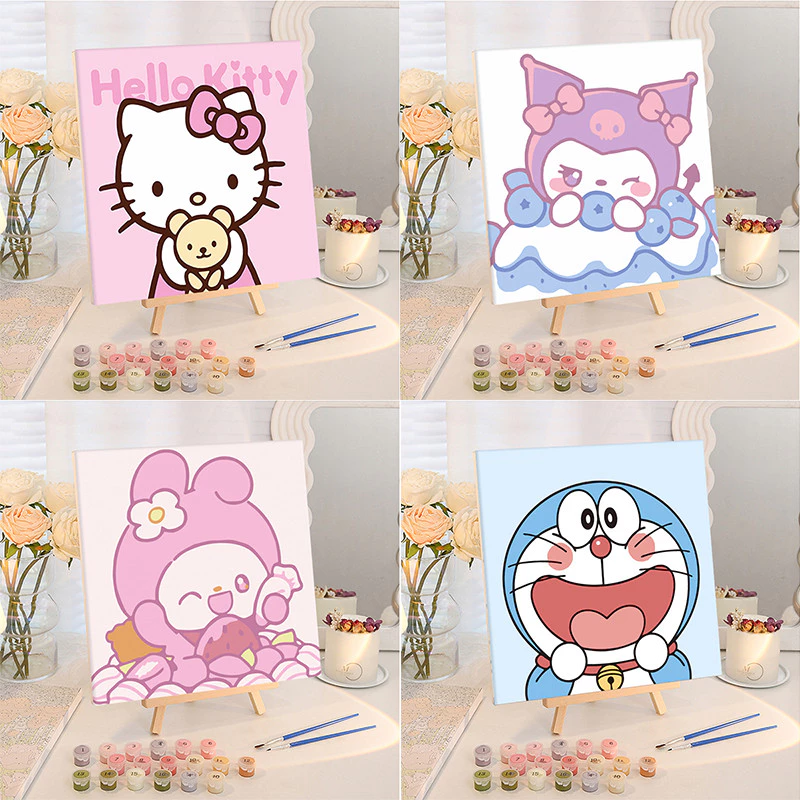 ภาพระบายสีตามตัวเลข 20X20ซม sanrio คุโรมิ/kuromi/kitty ชุดระบายสี วาดภาพระบายสี ฝึกสมาธิ DIY จิตรกรรม