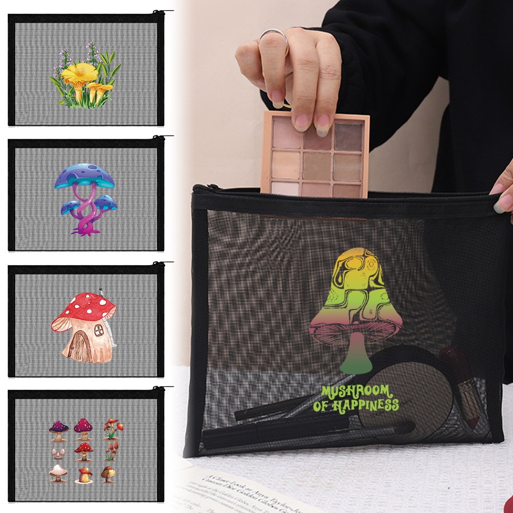 Mesh Makeup Bag Mesh Toiletry Bag Large Capacity Transparent Travel Beautiful Spot Mushroom Series