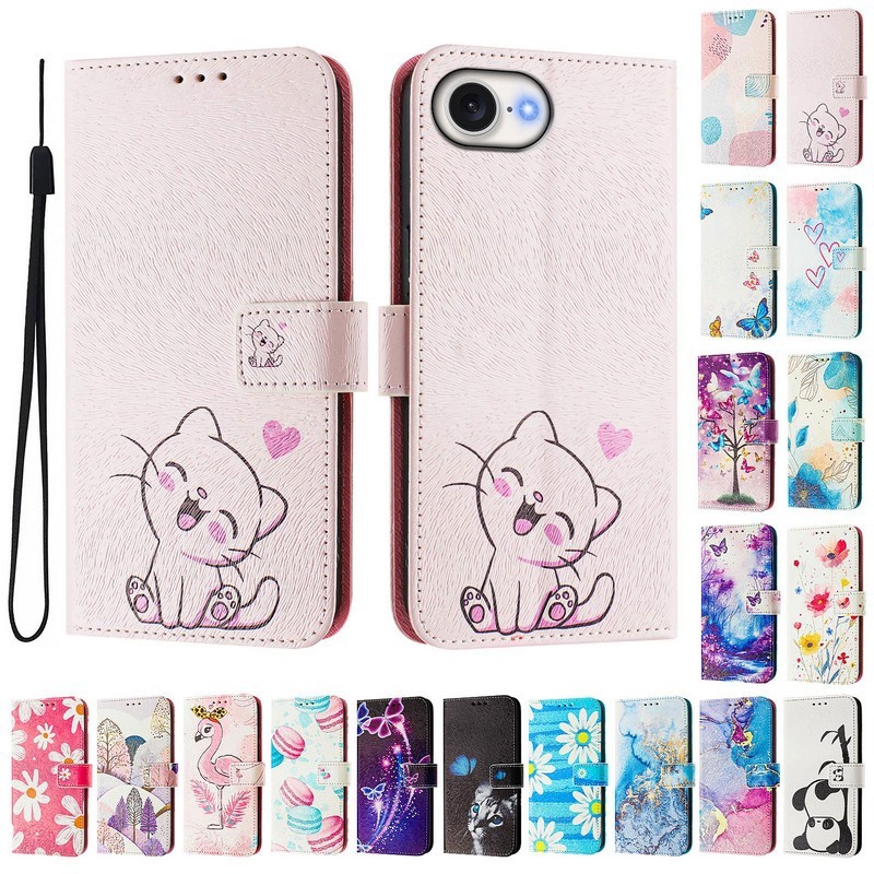 สําหรับiPhone 16e 17eกรณีน่ารักทาสีรูปแบบพลิกเคสโทรศัพท์สําหรับiPhone 16 Pro Max iPhone 16 Plusกรณีแม่เหล็กกระเป๋าสตางค์หนังปกหนังสือ