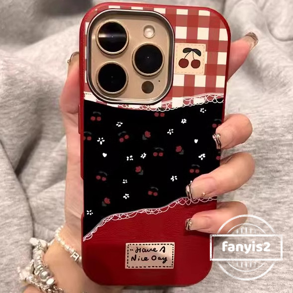 สําหรับ IPhone 11 16 15 14 13 12 Pro Xs Max XR X 6 7 Plus ปลอก Ins สีแดงเชอร์รี่ Retro หรูหราหนังกันกระแทกปกอ่อน