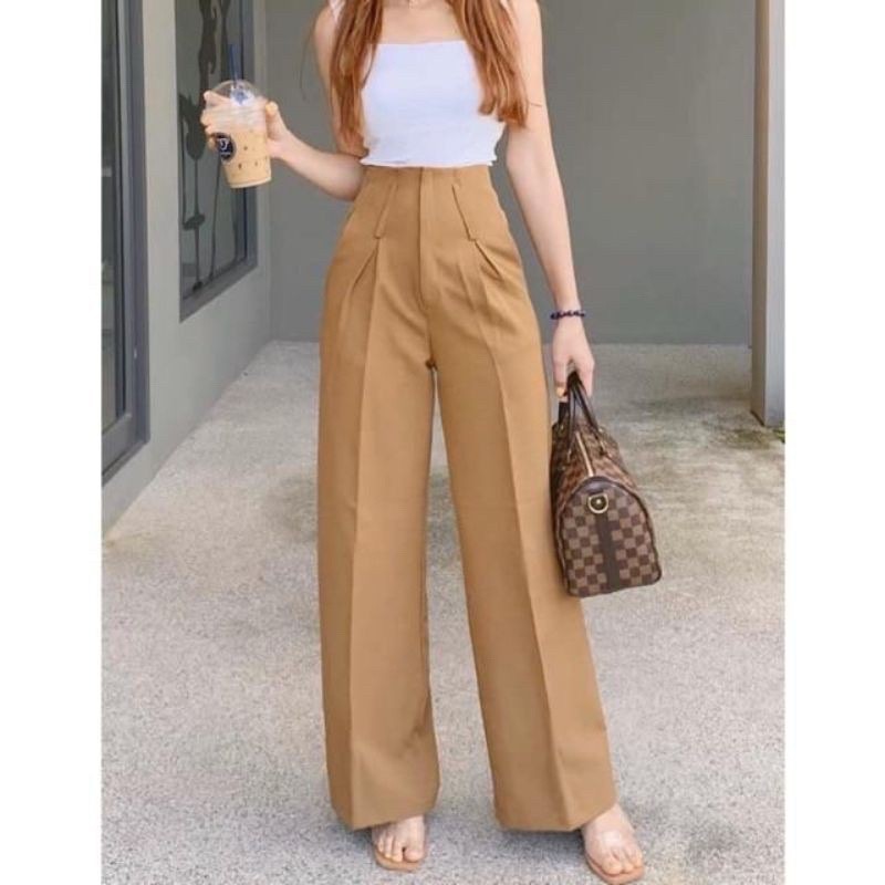 กางเกงขายาว มีถึง2XL กางเกงขากระบอก เอวสูง ซิปหน้า มีหูเข็มขัด