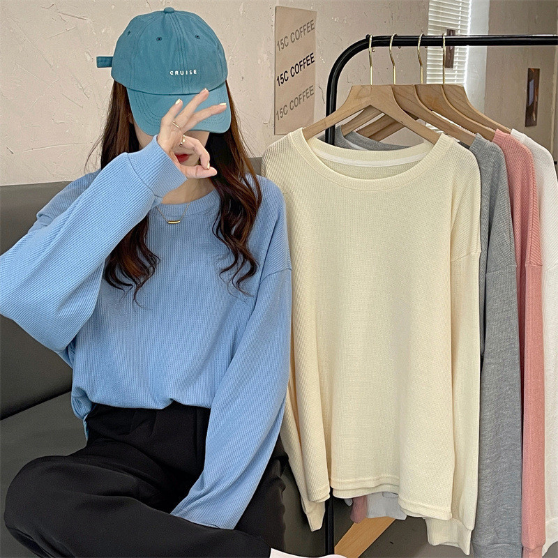 suysuy พร้อมส่ง เสื้อแขนยาว คอกลม สีพื้น ทรงหลวม จั้มแขน ผ้าไหมถัก สไตล์ เกาหลี