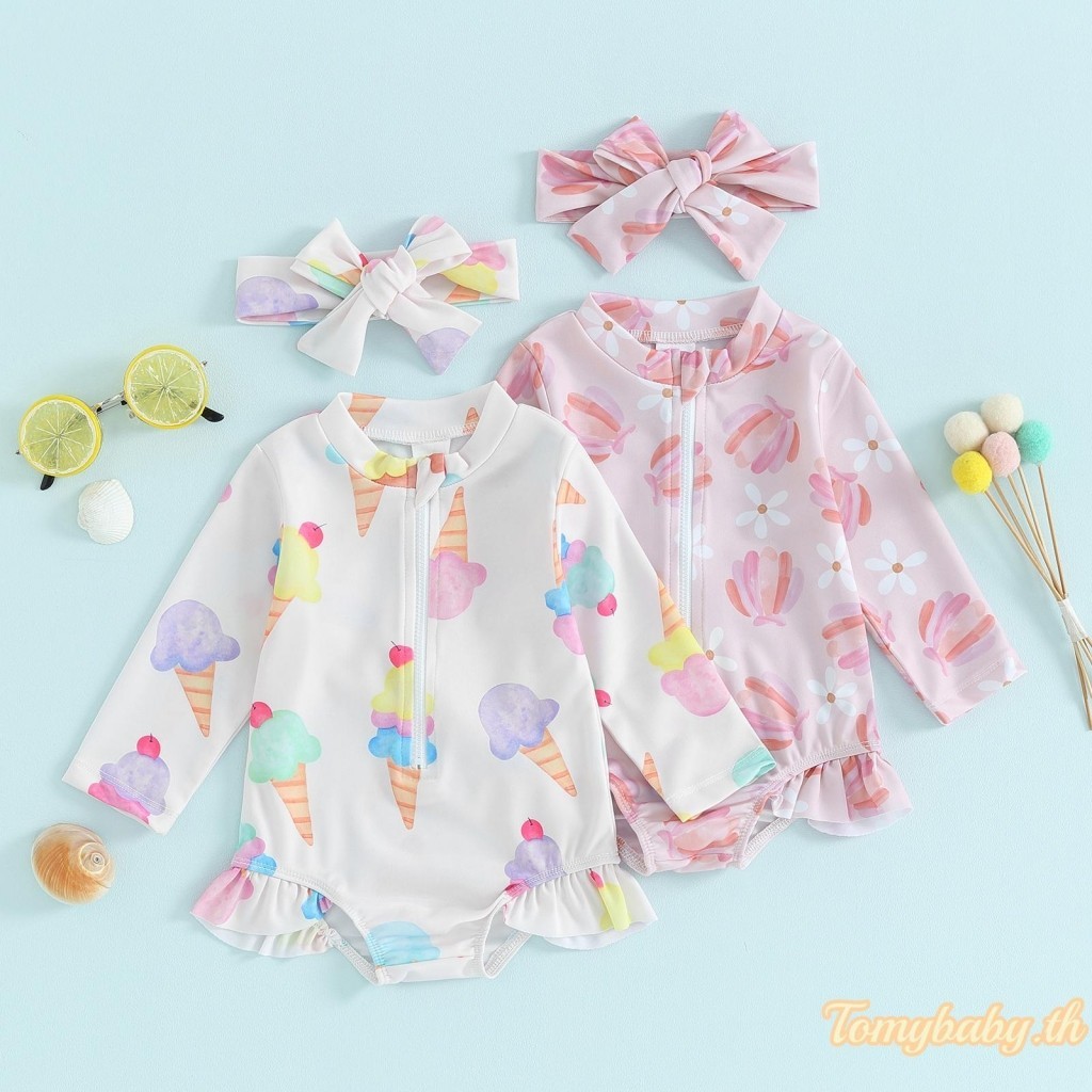 Tomybaby- ชุดว่ายน้ํา แขนยาว พิมพ์ลายดอกไม้ / ไอศกรีม มีซิป สําหรับเด็กผู้หญิง วันหยุด ชายหาด