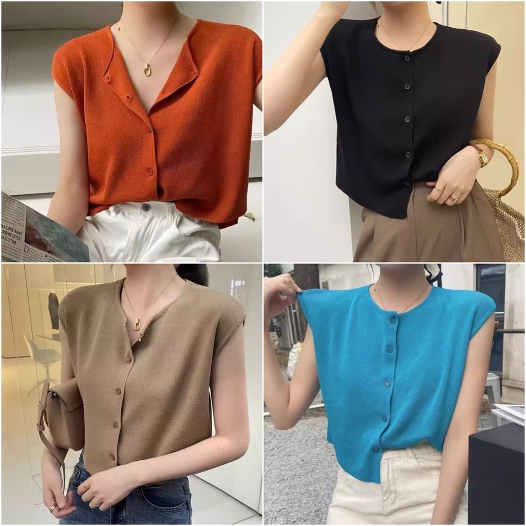 Chic  พร้อมส่ง   เสื้อกั๊กไหมพรม คาร์ดิแกน งานฟรีไซต์ สีพื้น ทรงครอป