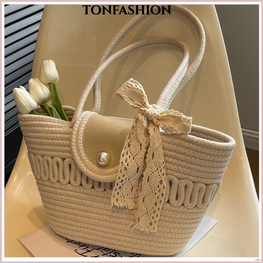 Tonfashion กระเป๋าถือ ตะกร้าปิกนิก ผ้าฝ้ายถัก แฮนด์เมด