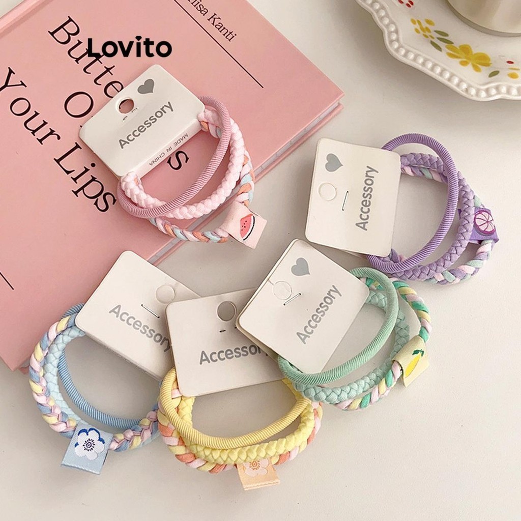 Lovito ชุดเซ็ทยางมัดผมผู้หญิง สีพื้น สไตล์ลำลอง LFA17454