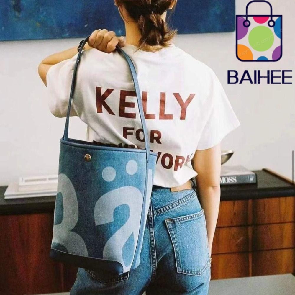 Baihee กระเป๋าสะพายไหล่ ผ้าแคนวาส หนัง PU พิมพ์ลายตัวอักษร ความจุขนาดใหญ่ หรูหรา