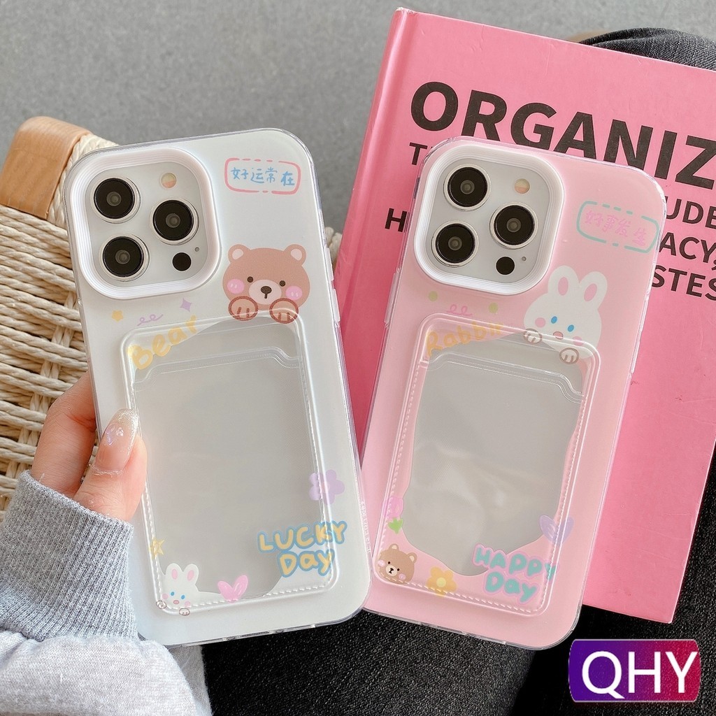 Qhy 2 in 1 เคสโทรศัพท์มือถือแบบใส หนา กันกระแทก ลายการ์ตูนหมี กระต่ายน่ารัก พร้อมช่องใส่บัตร สําหรับ iphone 13 15 6s 7 8 plus xs XR 11 12 14 pro max