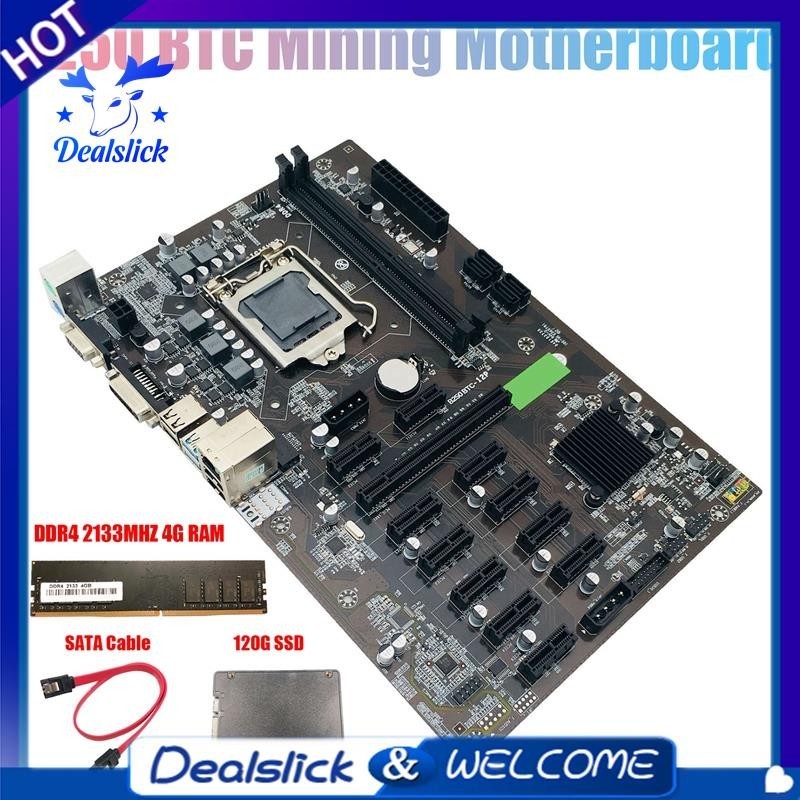 【Dealslick】B250 Btc เมนบอร์ดขุดเหมือง พร้อมแรม DDR4 4GB 2133Mhz และ 120G SSD และสายเคเบิล LGA 1151 12X ช่องเสียบการ์ดกราฟิก สําหรับ BTC Miner