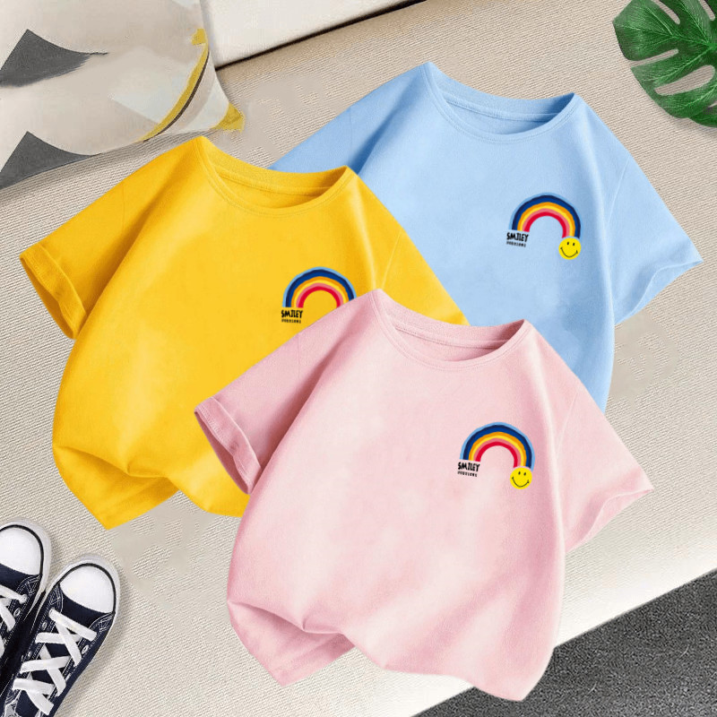 เสื้อยืดแขนสั้น คอกลม แบบนิ่ม พิมพ์ลายการ์ตูนหน้ายิ้ม สีรุ้ง แฟชั่นฤดูร้อน สําหรับเด็กผู้หญิง อายุ 3-12 ปี