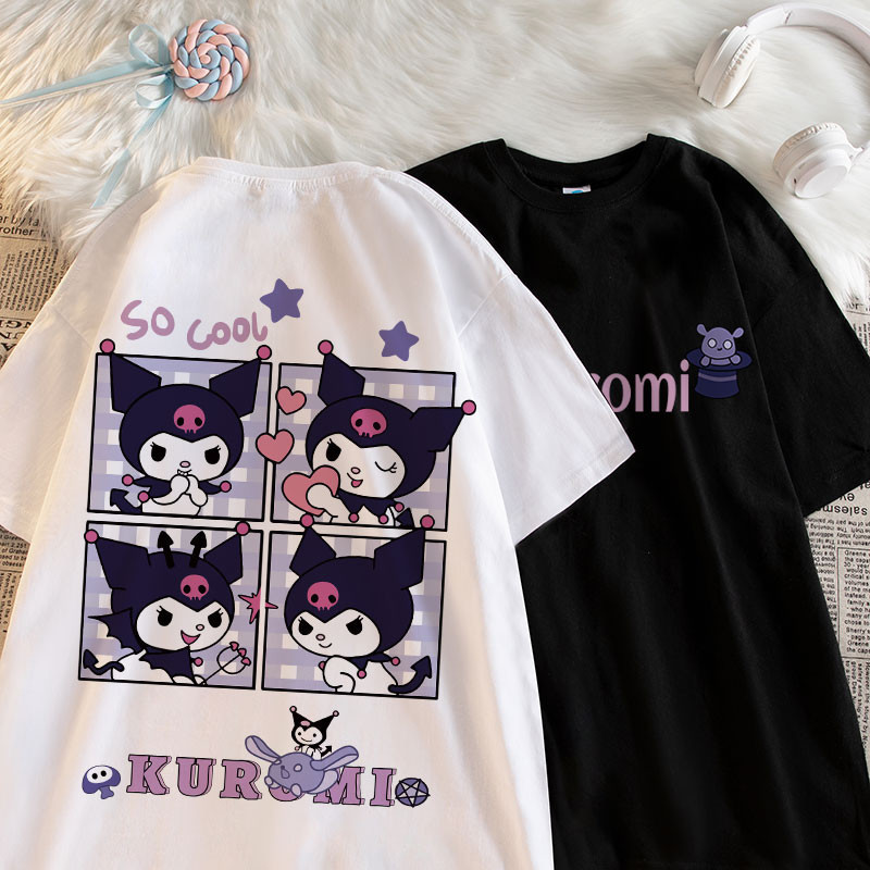 แฟชั่นการ์ตูน Kuromi พิมพ์แขนสั้น Soft Tshirt Unisex คอกลมเด็ก Top