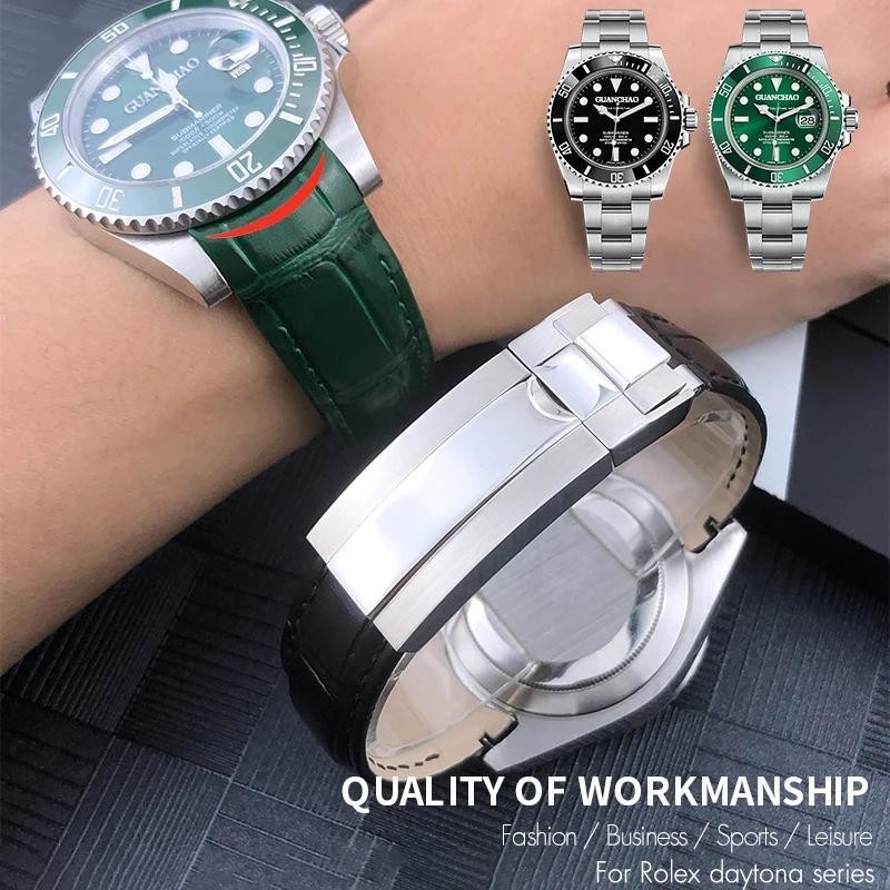 20 มม. คุณภาพปลายโค้งสายนาฬิกาหนังแท้สําหรับ Rolex Submariner GMT Hulk สีเขียว Cowhide สายรัดสายรัดข