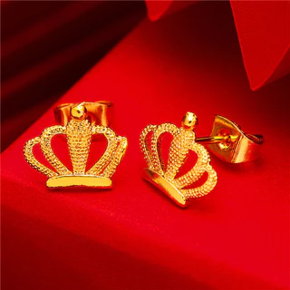 ต่างหูสตั๊ด ชุบทอง 24k จี้รูปมงกุฎ และดอกไม้ สวยหรู แบบเรียบง่าย ต่างหูโบว์