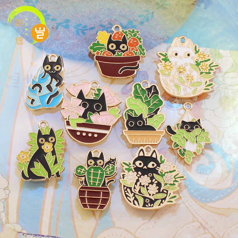 2 ชิ้น/ล็อตการ์ตูนพืชสีเขียวแมวดําเคลือบโลหะผสมเคลือบจี้อุปกรณ์เสริม Charms สําหรับผู้หญิง, Key Chain/ต่างหู/สร้อยคอจี้ทําด้วยมือ DIY เครื่องประดับ 124