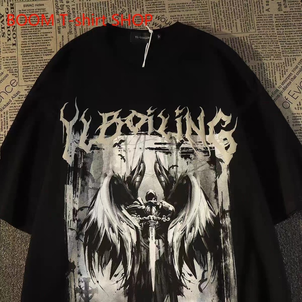 BOOM SHOP อเมริกันสตรีทแฟชั่นแบรนด์ Angel Cross ผ้าฝ้ายเสื้อยืดแขนสั้นสำหรับผู้หญิงและผู้ชายยุโรปและอเมริกา hiphop top