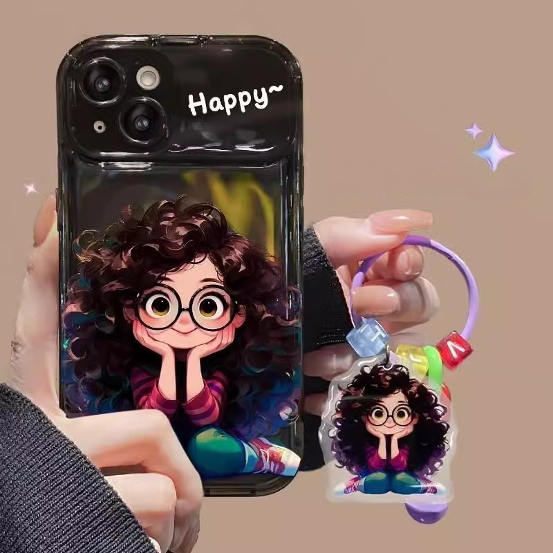เคสโทรศัพท์มือถือแบบกระจกนิ่ม ฝาพับ กันกระแทก ลายผู้หญิงตาโต ผมหยิก พร้อมจี้ สําหรับ IPhone 7Plus 8Plus 12Pro X XR XS Max 14 11 15 ProMax 13 ProMax 12