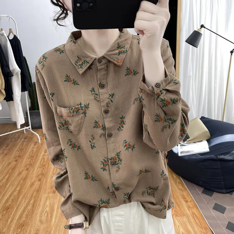 เสื้อเชิ้ตแขนยาว ผ้าฝ้าย และผ้าลินิน พิมพ์ลายดอกไม้ สไตล์เกาหลี แฟชั่นฤดูใบไม้ผลิ สําหรับผู้หญิง 2024
