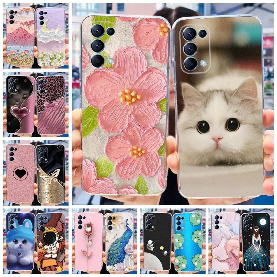 เคสโทรศัพท์มือถือ ซิลิโคนนุ่ม TPU ลายดอกไม้ แมวน่ารัก สําหรับ OPPO Reno5 Pro 5G Reno5 5G 4G Reno 5 5Pro CPH22201 CPH2145 CPH2159