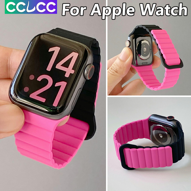 Cclcc สายนาฬิกาข้อมือ ซิลิโคนนิ่ม หัวเข็มขัดแม่เหล็ก สองสี สําหรับ iWatch Ultra SE 2 Series 9 8 7 6 5 4 3 2 1 Apple Smart Watch 49 มม. 45 มม. 41 มม. 44 มม. 40 มม. 42 มม. 38 มม.
