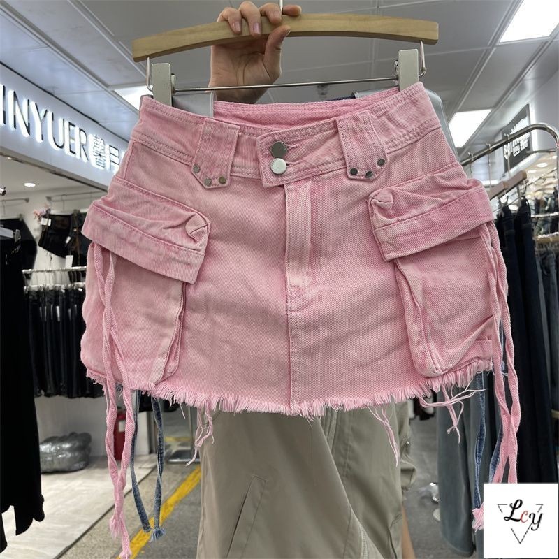 กระโปรงยีนส์เอวสูงทรงเอไลน์สีชมพูสไตล์เกาหลี Y2K, เสื้อผ้าผู้หญิงสำหรับฤดูใบไม้ผลิ, แฟชั่นย้อนยุคสไตล์ยุโรป, กระโปรงครึ่งตัวอเนกประสงค์รุ่นใหม่ปี 2026