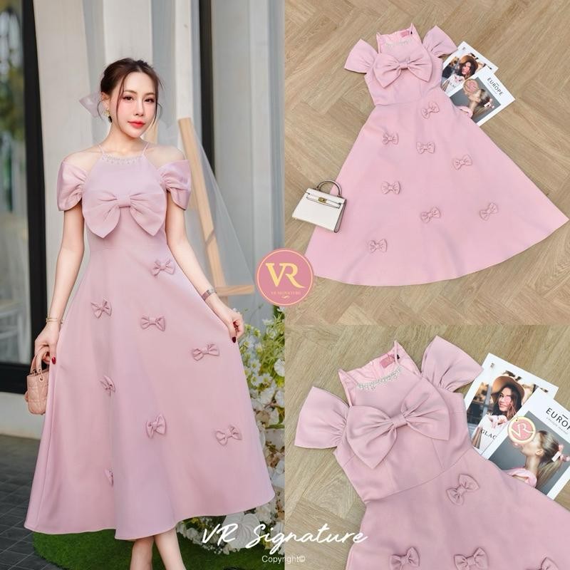 PC.sty (พร้อมส่ง) vr130 Dress สายเดี่ยวตัวยาว แต่งแขนเกาะไหล่ ช่วงคอแต่งอะไหล่เพชร งานป้ายตรงปก