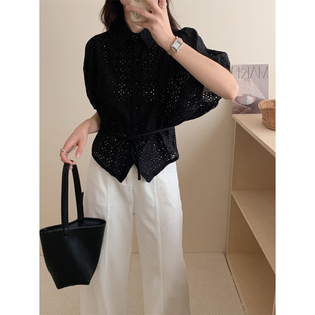 Dahong 💖เสื้อเบลาส์ลำลองสีพื้น แต่งตาไก่ เสื้อเชิ้ต ดูผอมบางเสื้อเชิ้ตแขนสั้น สำหรับสตรี แฟชั่น Women Clothing W518 - รูปที่ 6