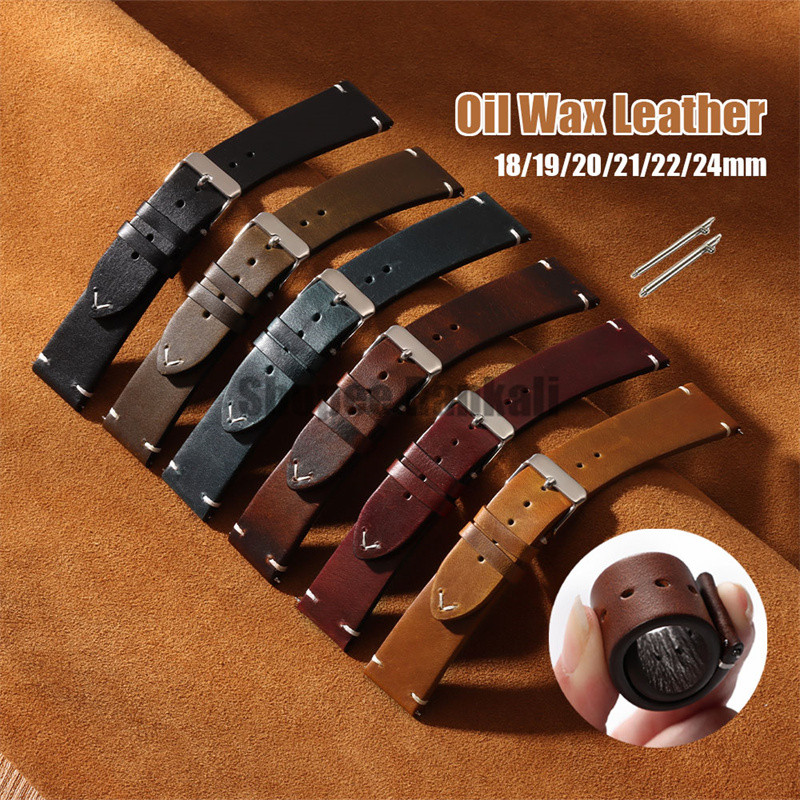 น้ํามันขี้ผึ้งสายนาฬิกาหนังแท้สากลเข็มขัดปลดเร็วสายรัดหนังวัวบางเฉียบสร้อยข้อมือธุรกิจย้อนยุค18/19/20/22/24มม