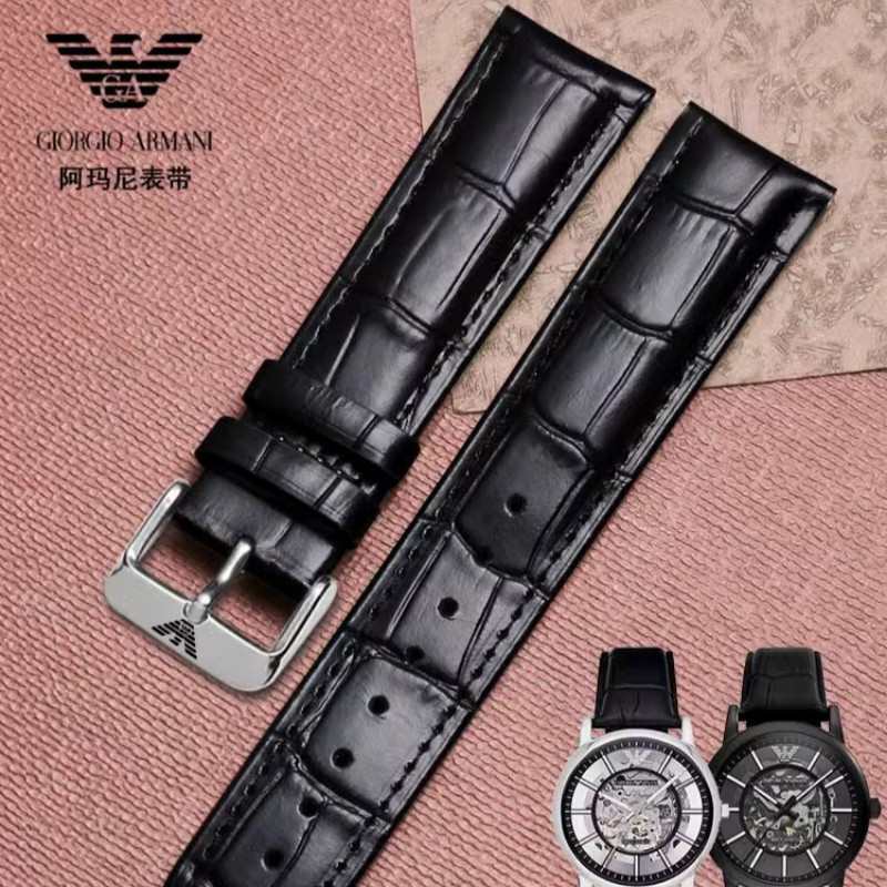 ARMANI สายหนังแท้สําหรับอาร์มานี่นาฬิกาวงสีดํานักรบอาร์60008/2432/2447/1981/1970/2502ไม้ไผ่ตะเข็บหัวเข็มขัดนาฬิกาสร้อยข้อมือ12/13/14/15/16/17/18/19/21/22/23/24มิลลิเ