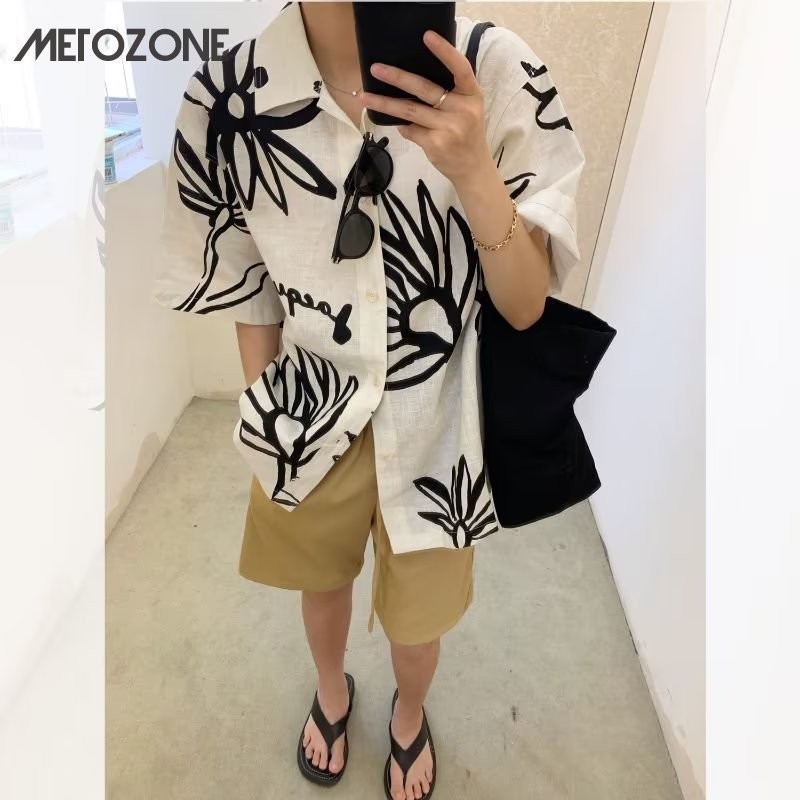 Metozone เสื้อเชิ้ตแขนสั้น พิมพ์ลาย สไตล์วินเทจ ญี่ปุ่น ฮาวาย ทรงหลวม สําหรับผู้ชาย