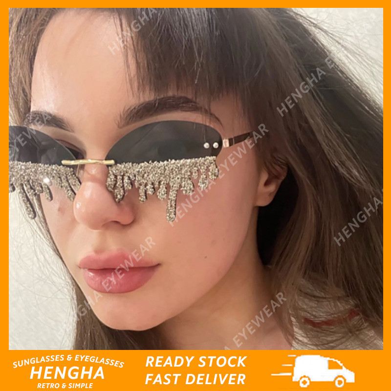 (HENGHA) แว่นตากันแดด ไร้ขอบ โลหะ สีแคนดี้ ประดับเพชร สไตล์ตะวันตก แฟชั่นสําหรับผู้หญิง