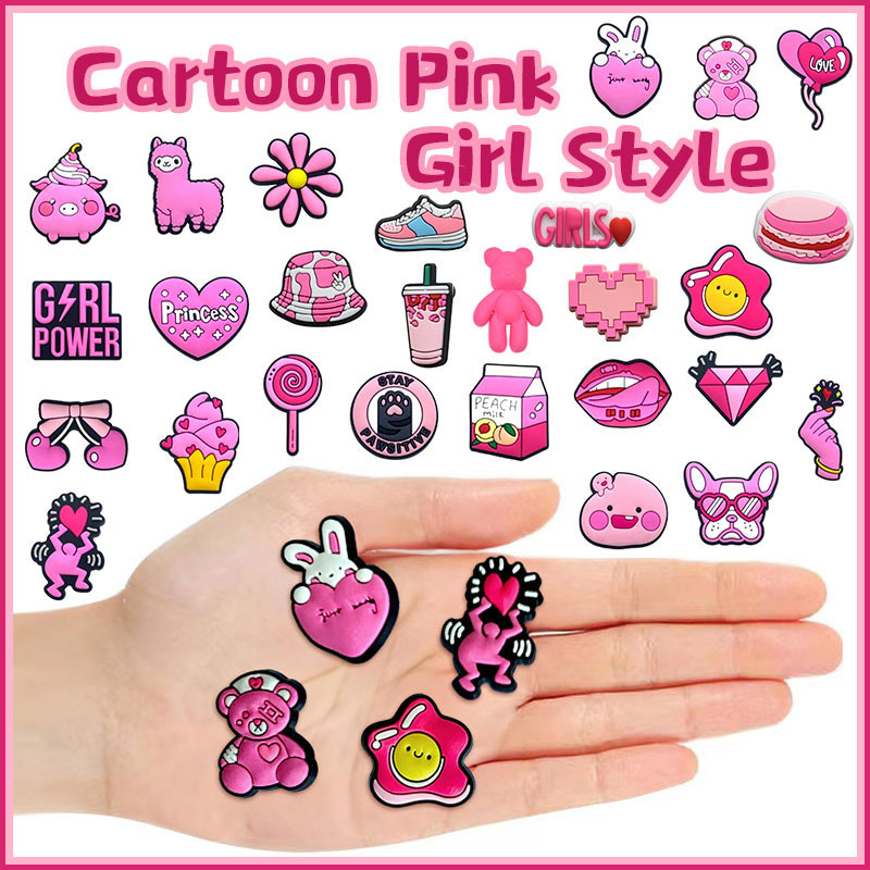 น ่ ารักการ ์ ตูนรองเท ้ าปุ ่ ม DIY สาวสีชมพูสไตล ์ Croc Jibbit รองเท ้ าหัวเข ็ มขัด Charms สําหรับผู ้ หญิง