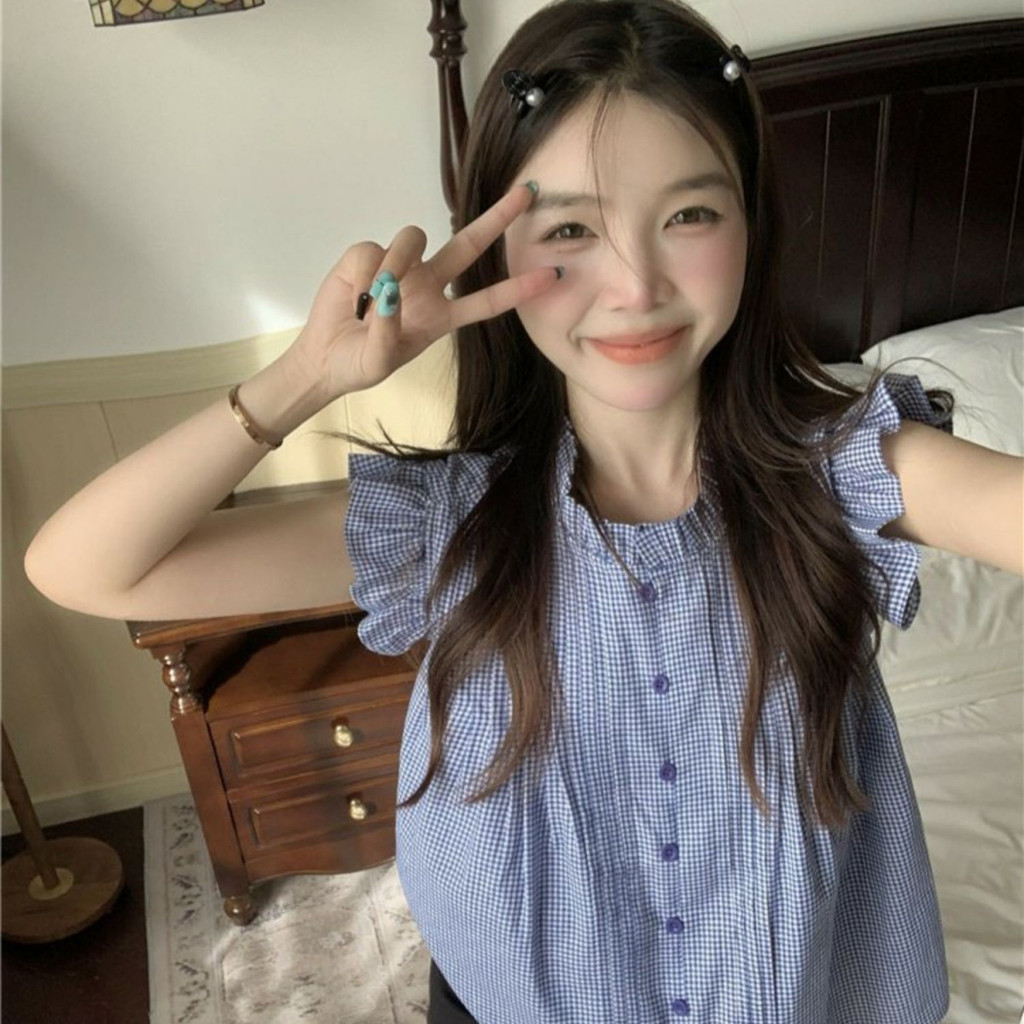 เสื้อเชิ้ตแขนกุด ลายสก๊อต สีฟ้า สไตล์ฝรั่งเศส เรโทร สําหรับผู้หญิง 48 [Chic TJR2
