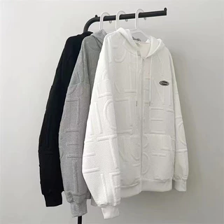 LDF Design เสื้อแจ็คเก็ตคลุมมีหมวก เสื้อหนาวแขนยาวมีหมวก การออกแบบภาษาอังกฤษสามมิติ คุณภาพสูง สีดำ/สีขาว/สีเทา NT51