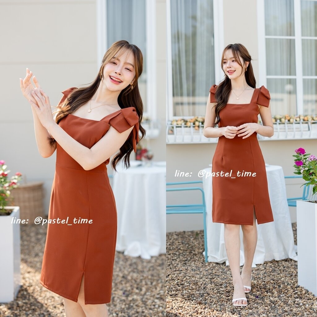 Maggie Double Bow Dress : สีส้มอิฐ [Made by Pastel Time]