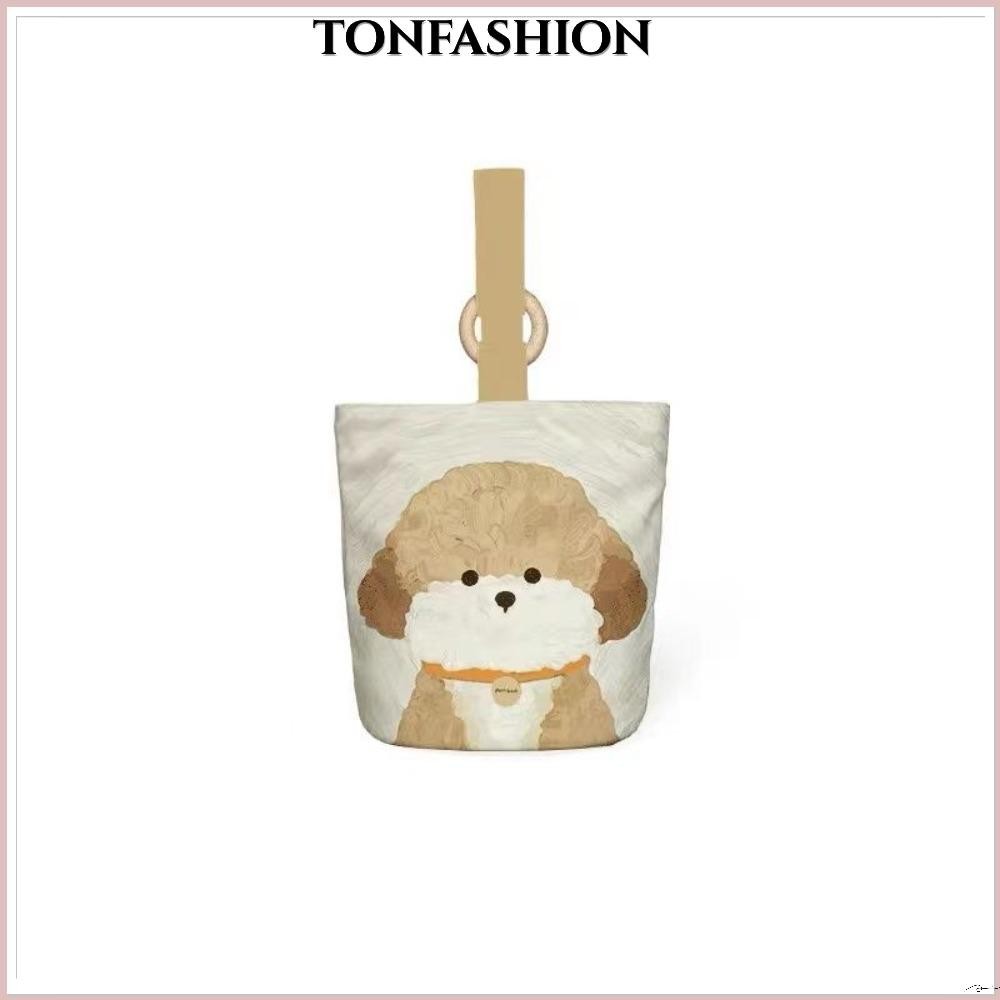 Tonfashion กระเป๋าทรงถัง ผ้าแคนวาส พิมพ์ลายลูกสุนัขน่ารัก