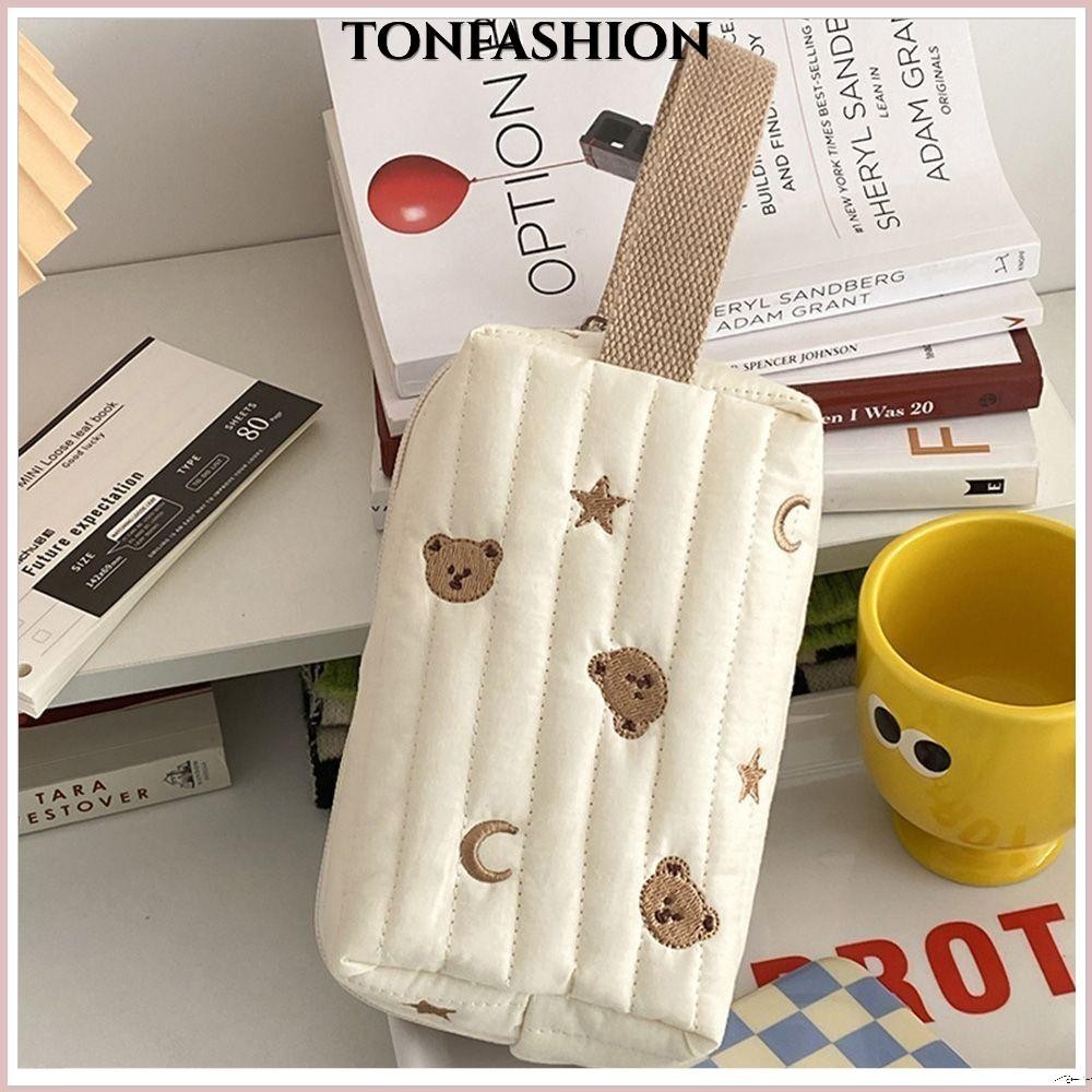 Tonfashion กระเป๋าเครื่องสําอาง ผ้าฝ้าย ปักลายหมี มีซิป แบบพกพา สําหรับผู้หญิง