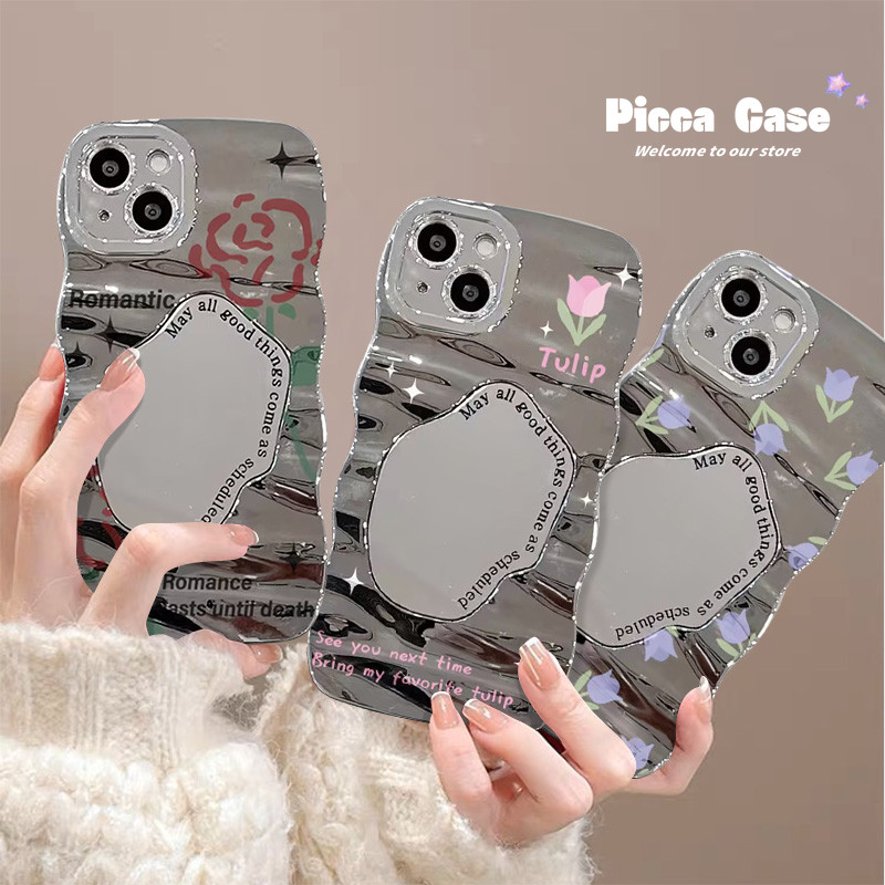 เคสโทรศัพท์มือถือ ลายดอกทิวลิป สีม่วง สีชมพู พร้อมกระจกแต่งหน้า สําหรับ IPhone 15 14 11 XR 13 12 Pro Max 7Plus X XS Max 15 14 8 7 Plus