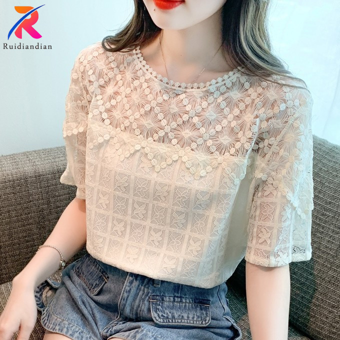 Ruidiandian เสื้อเบลาส์ คอกลม แขนสั้น ลายดอกไม้ ลูกไม้ สไตล์เกาหลี ฤดูร้อน สําหรับผู้หญิง