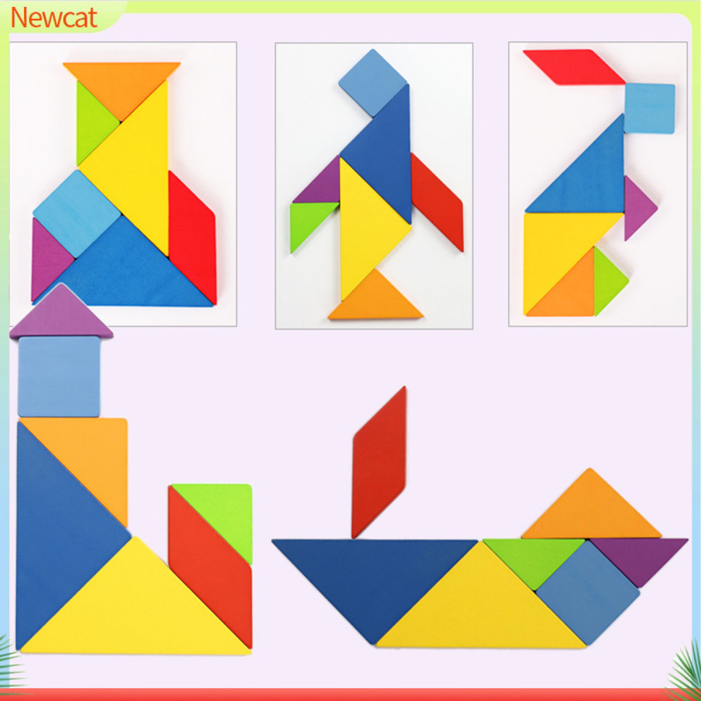 {Newcat} จิ๊กซอว์ไม้ปริศนา รูปแทนแกรม หลากสี ของเล่นเสริมการเรียนรู้ สําหรับเด็ก 1 กล่อง