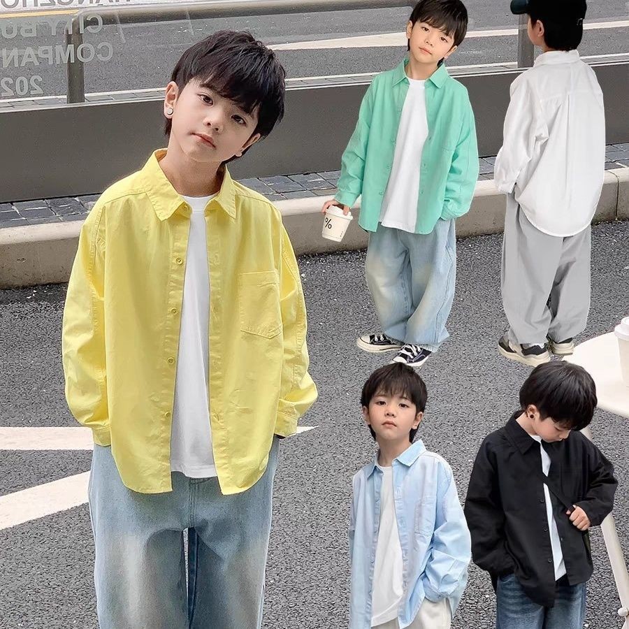 เสื้อเชิ้ตแขนยาว แบบบาง ทรงหลวม แฟชั่นฤดูใบไม้ผลิ และฤดูใบไม้ร่วง สําหรับเด็กผู้ชาย