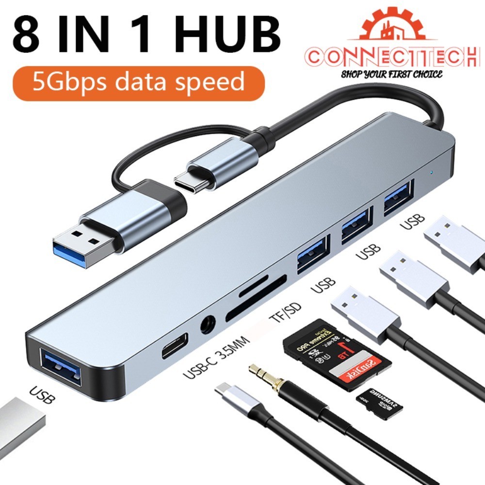 8 in 1 อะแดปเตอร์ USB HUB Type C เป็นUSB3.0/Type-c USB3.0*1+TF/SD+USB2.0*3+3.5MM+Data*1 สำหรับอุปกรณ