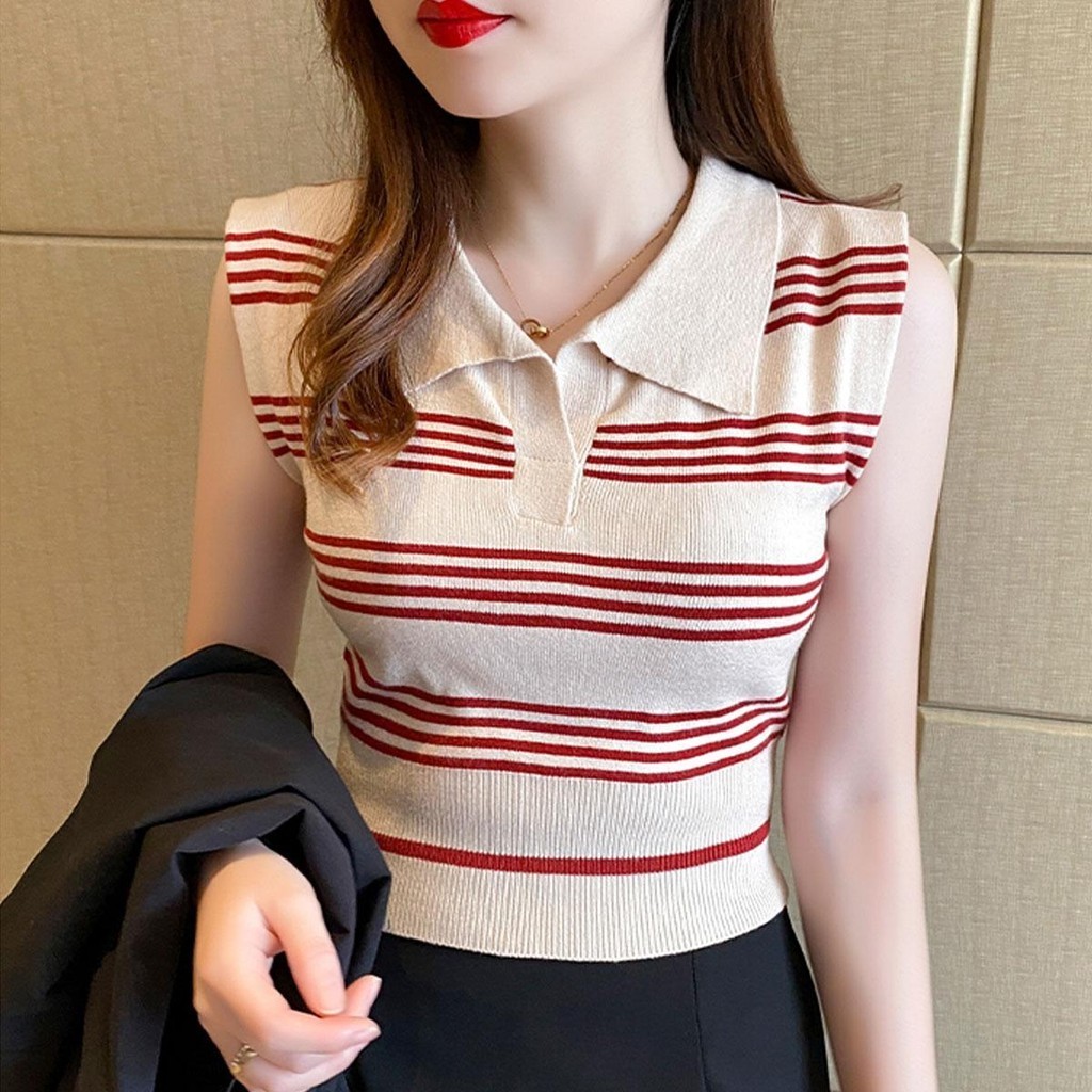 Dahong P5131 เสื้อครอปไหมพรมแขนกุด เสื้อครอปคอปก เอวลอย ลายทาง น่ารัก แฟชั่น