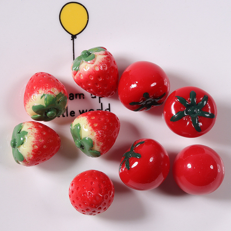 พวงกุญแจเรซิ่น รูปสตรอเบอร์รี่ มะเขือเทศ 3D DIY สําหรับตกแต่งเคสโทรศัพท์ 10 ชิ้น