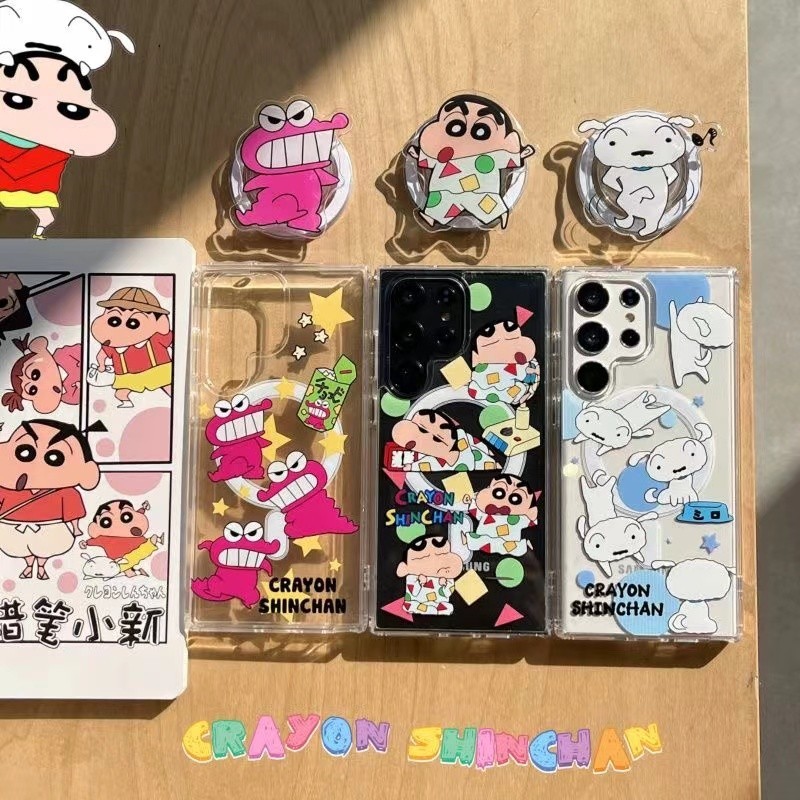 Samsung S25 Ultra S24 Ultra น่ารัก Crayon Shinchan แม่เหล็กอะคริลิคกรณีลูกสุนัขแม่เหล็ก Kickstand สําหรับ Samsung S24 Plus S23 Ultra S23 S22 Ultra S22 + ฝาครอบกันกระแทก