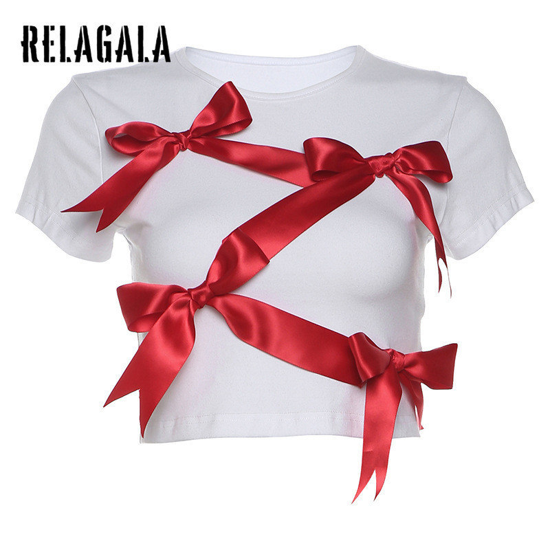 Relagala ใหม่ เสื้อยืดลําลอง แขนสั้น คอกลม ประดับโบว์ สีตัดกัน แฟชั่นสําหรับสตรี 2024