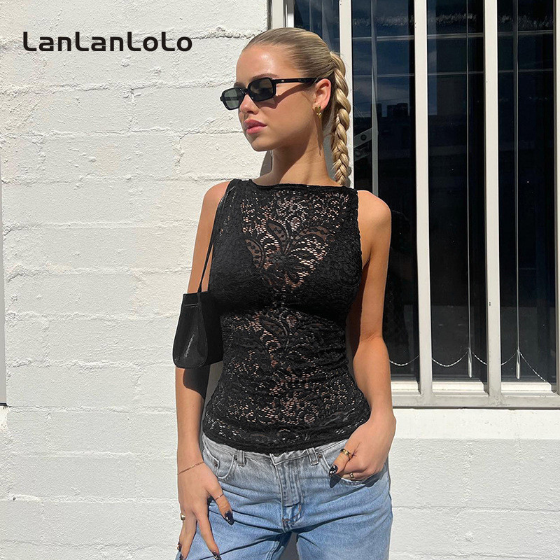 Super SPECIAL LanLanLoLo เสื้อกล้ามซีทรู แขนกุด คอกลม ผ้าลูกไม้ สีพื้น สําหรับผู้หญิง 2024