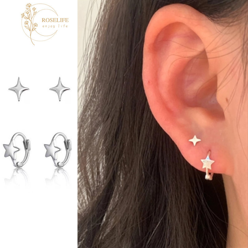 Roselife ต่างหูห่วงเงิน S925 ทรงกลม เรขาคณิต ดาว เครื่องประดับแฟชั่น สําหรับผู้หญิง